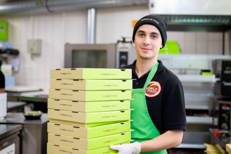 Eine Frau in einer grünen Schürze hält eine Pizza in der Hand.