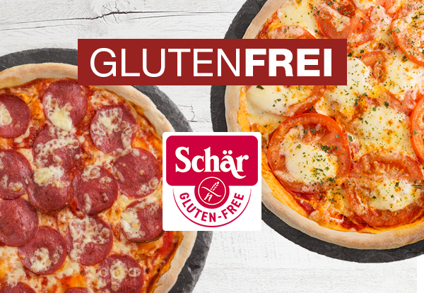Zwei Pizzen mit der Aufschrift „glutenfrei“.
