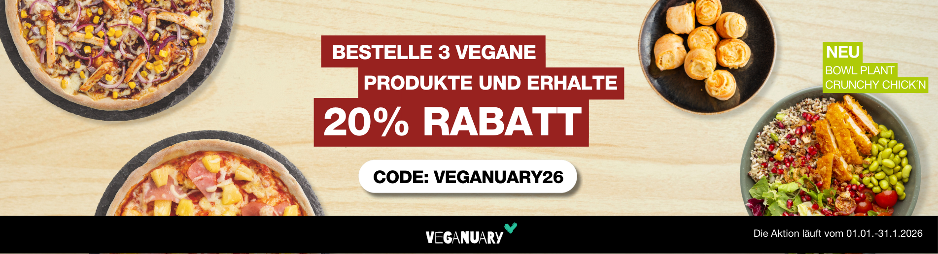 veganuary Banner - Angebot Bestelle 3 vegane Produkte erhalte 20%